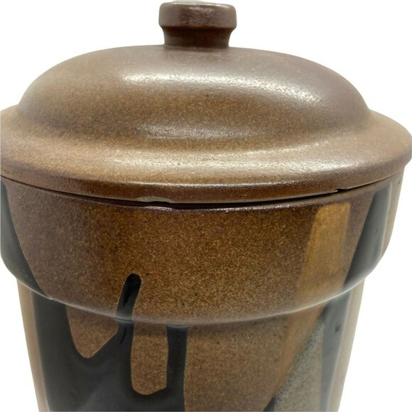 Pottery Craft Canister With Lid Brown Black Gold Cylindrical Shape Vintage Retro - Picture 5 of 12